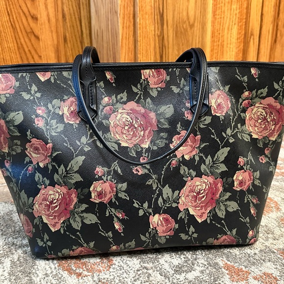 Lauren Ralph Lauren Rosebery Tote Synthetic Black Floral Print 19”x13” - Picture 2 of 9